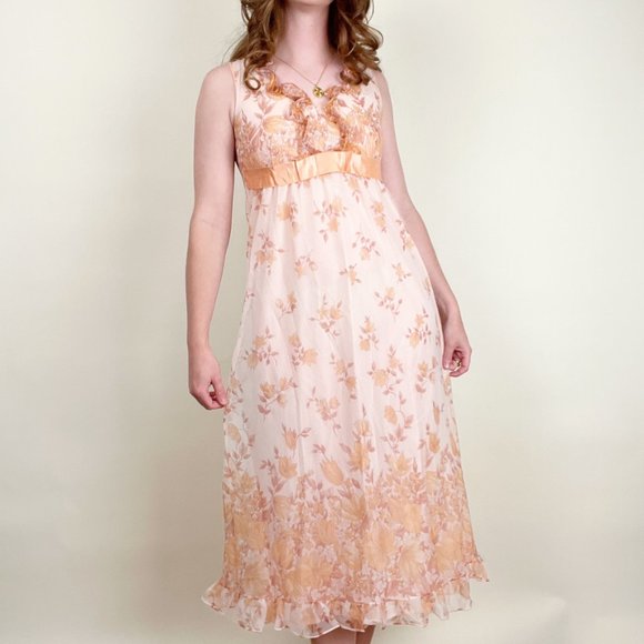 Vintage 50s 60s Nightgown Slip Dress Set Puff Sleeve Ruffle Tiered Floral MCM - Picture 3 of 10